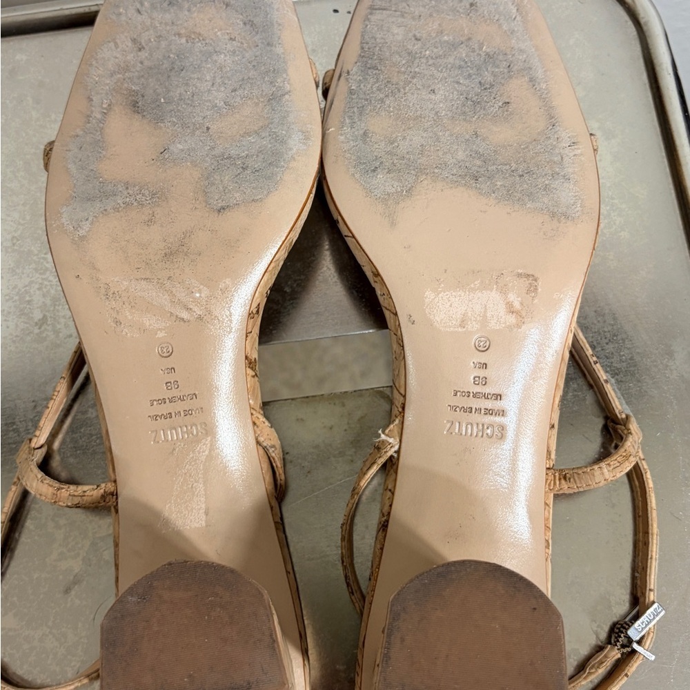 Schutz Heloise Size 9 T Strap Block Heel Open Toe Cork Sandals - Picture 7 of 9